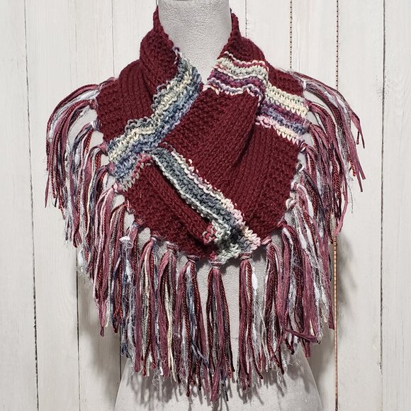 NEW Hand Knitted Burgundy Multi Infinity Boho Cowl Scarf Fringe Artsy Indie - Picture 1 of 6